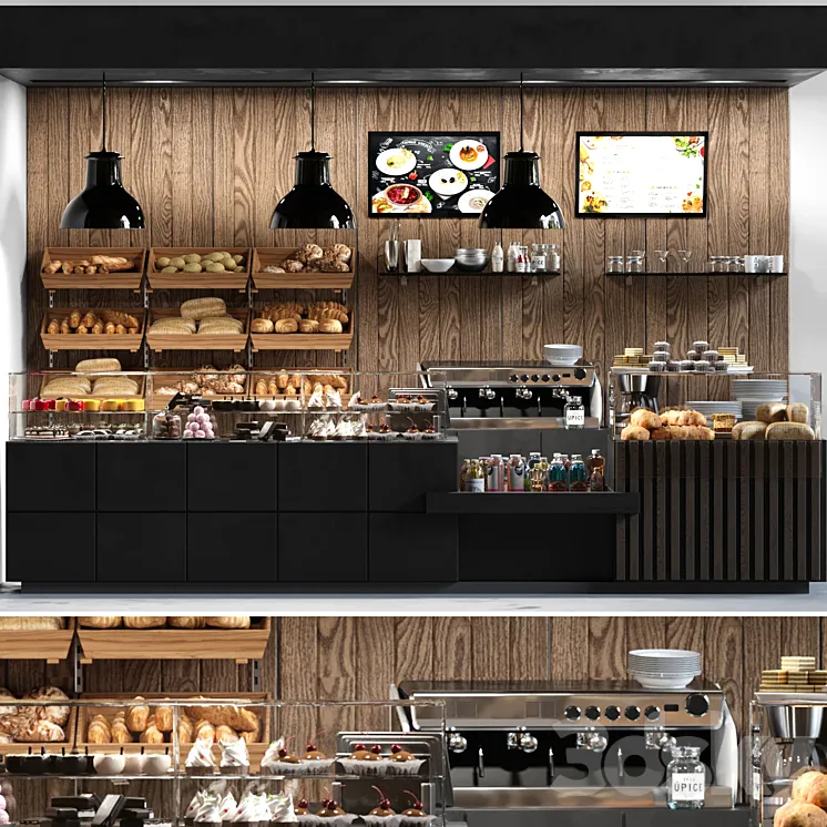 Cafe with pastries and desserts. Coffee house design project. Sweets 3DS Max