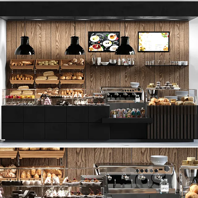 Cafe with pastries and desserts. Coffee house design project. Sweets 3DSMax File