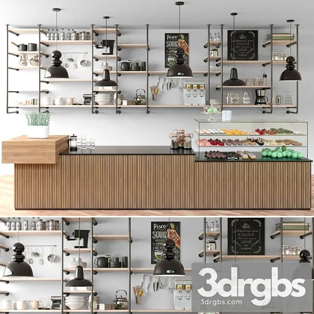Cafe with shelves and a showcase with desserts and sweets in a loft style 3dsmax Download