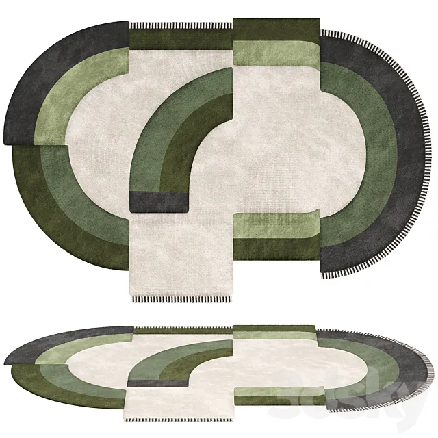 Carpet Contemporary Oval Rug with Geometric Pattern in Green Hues and Beige in Wool 3ds Max