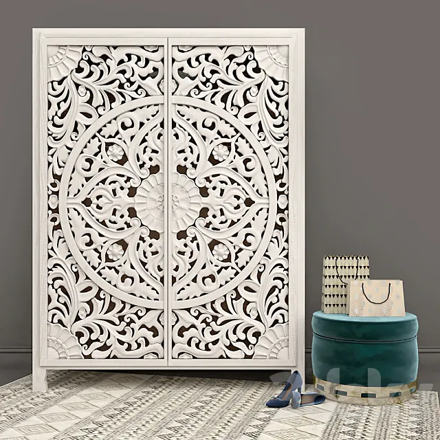 Carved Lombok Armoire with Velvet Carousel Ottoman pouf by Anthropologie 3ds Max