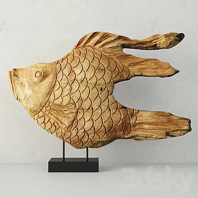 Carved Wood Fish Sculpture on Stand 3DSMax File