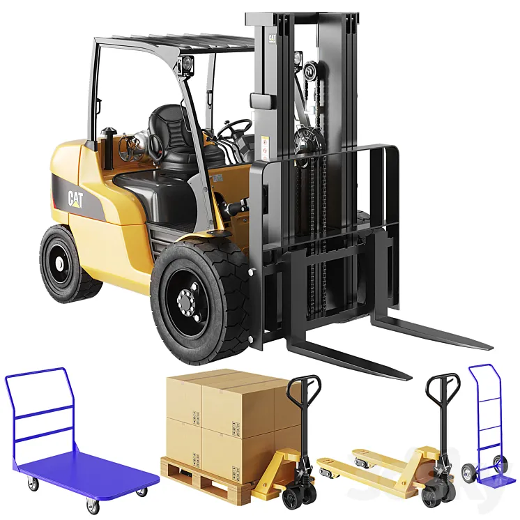 CAT Forklift Manual Loader and Warehouse Carts Kit 3DS Max