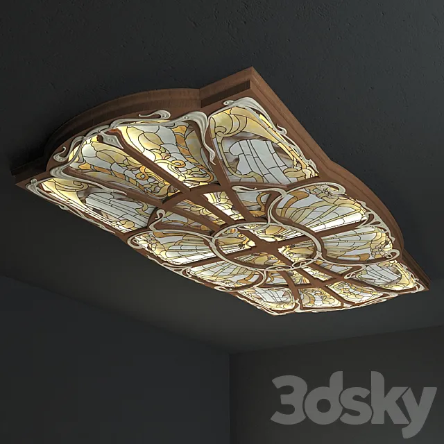 Ceiling stained glass in a wooden frame with forged decor. 3ds Max