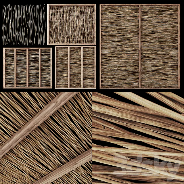 Ceiling wood thin branch beam n1 _ Wooden ceiling made of thin branches on beams 3DSMax File
