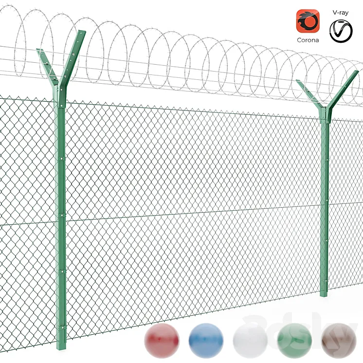 Chain link fence with spiral protective barrier 3DS Max