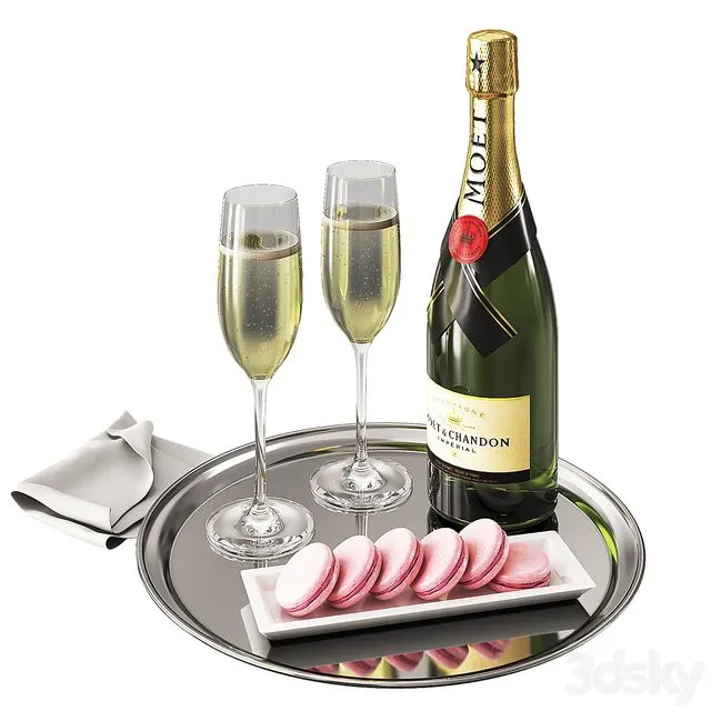 Champagne MOET on a tray with glasses and sweets 3dsMax Model
