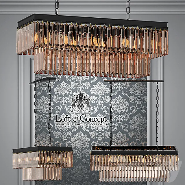 Chandelier RH 1920s Odeon Clear Glass Fringe Grey iron 80 3DS Max Model