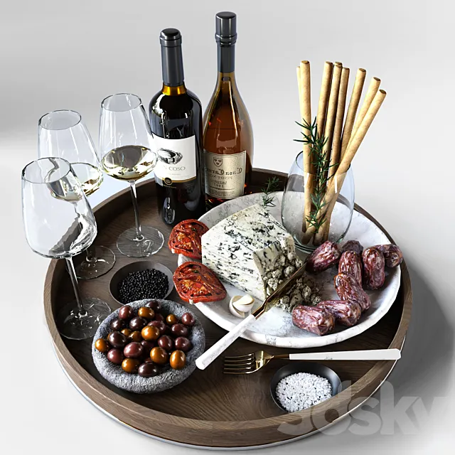 Cheese plate with sausages and wine. Alcohol 3DS Max Model