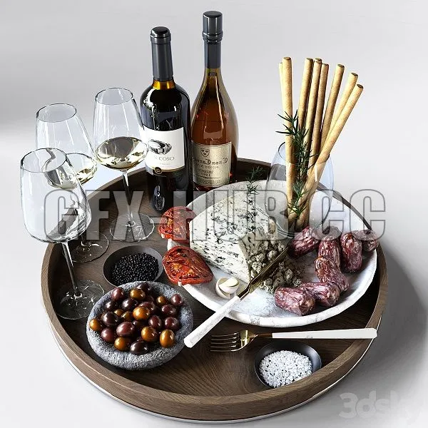 Cheese Plate With Sausages and Wine Alcohol 3dsMax Model