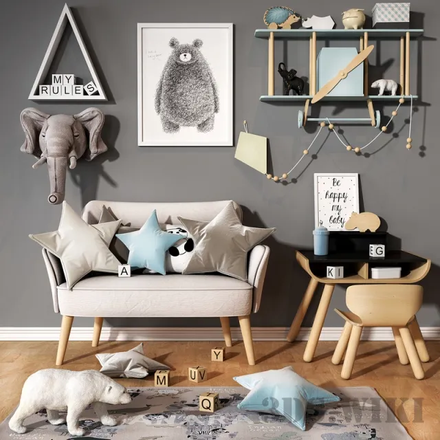 child-room – Set with plane shelf and star pillows 3ds Max