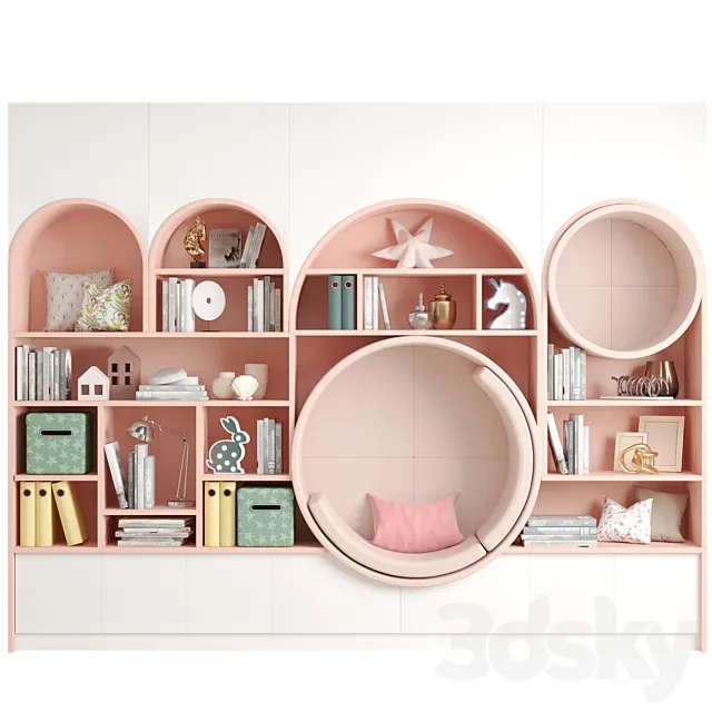 Children’s wall – wardrobe with decor and books 3ds Max