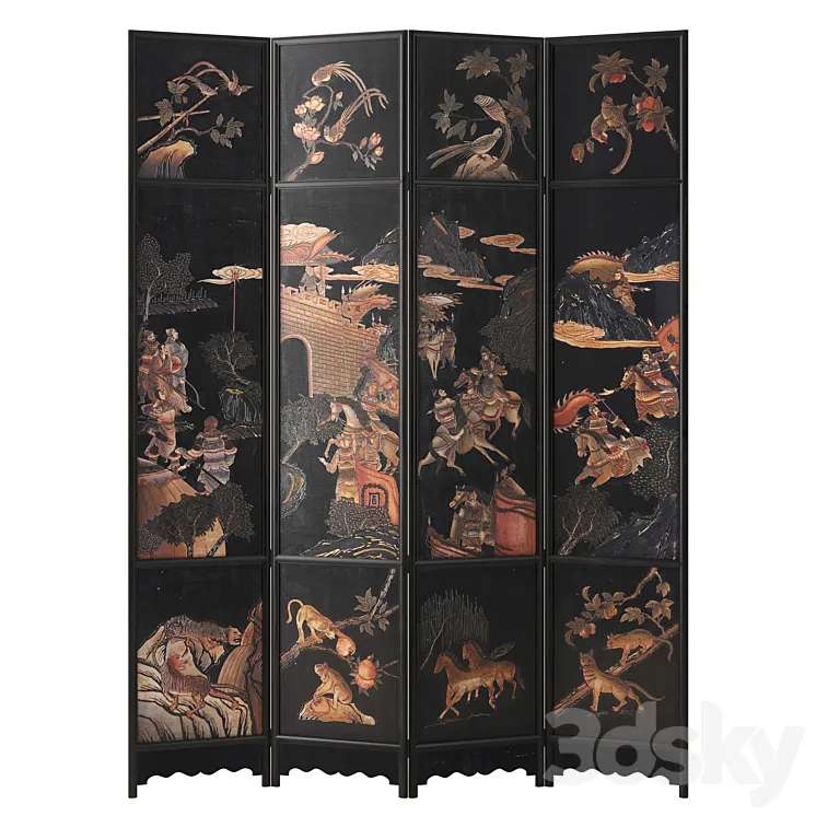 Chinese Four-Panel Lacquered Coromandel Panel Screen 3DS Max Model