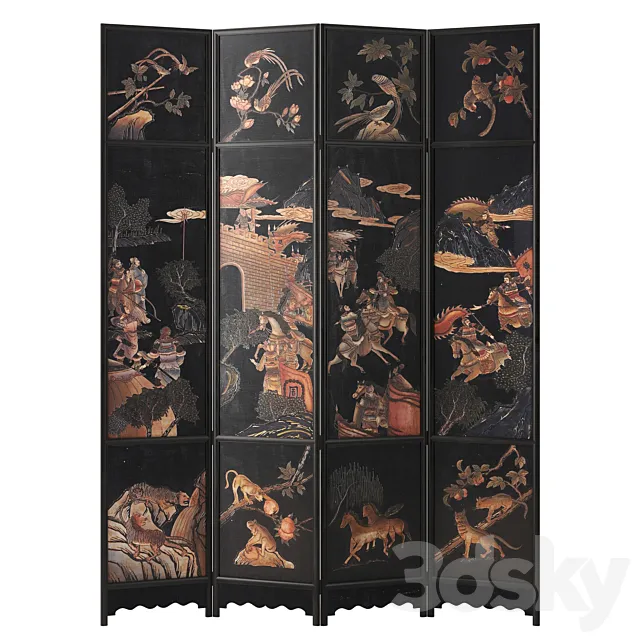 Chinese Four-Panel Lacquered Coromandel Panel Screen 3DSMax File