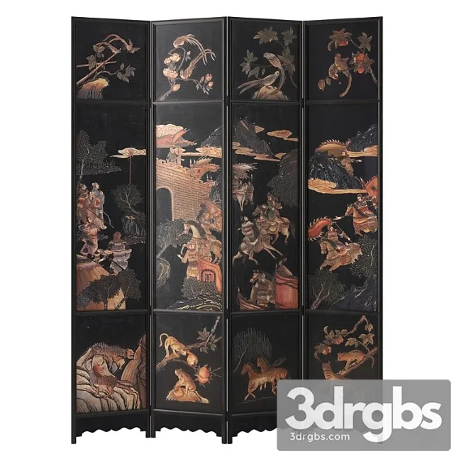 Chinese four-panel lacquered coromandel panel screen