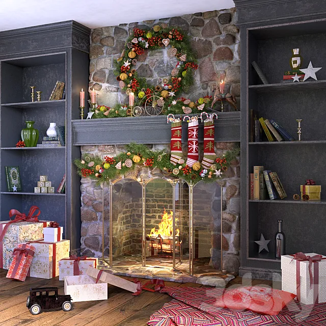 Christmas decoration fireplace 3ds Max