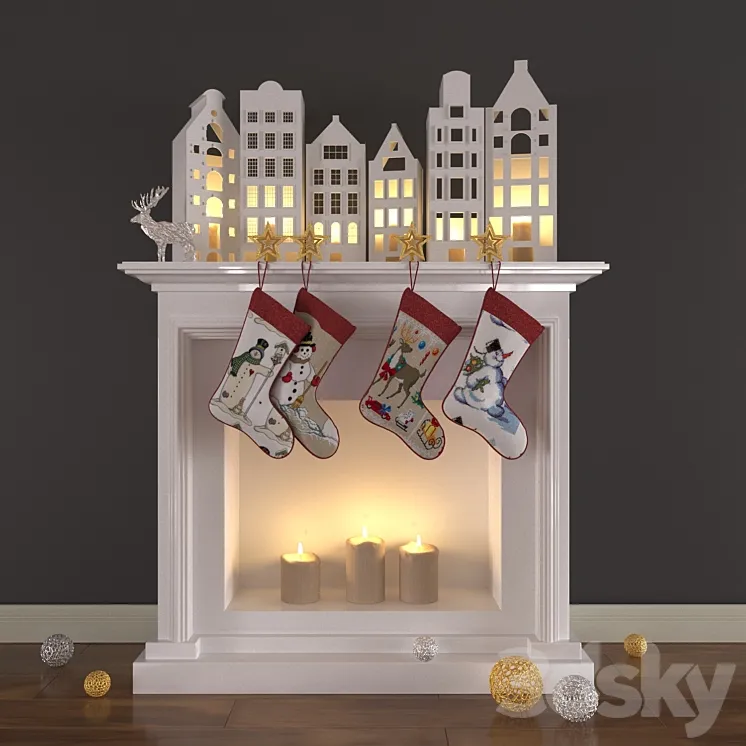 Christmas decoration with candles and fireplace 3DS Max