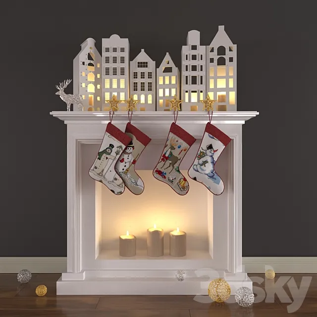 Christmas decoration with candles and fireplace 3DS Max Model