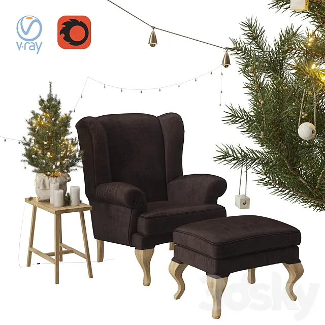 Christmas set spruce with chair and ottoman Hoffner 3ds Max