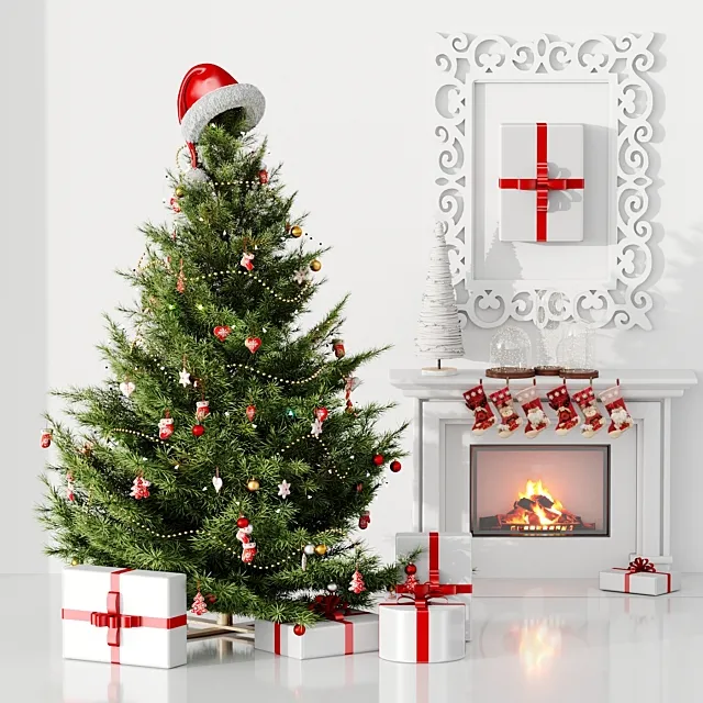Christmas tree with hat and fireplace 3ds Max