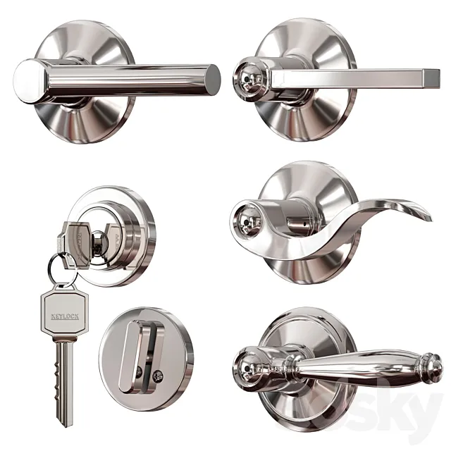 Chrome plated metal door handles. lock and key 3ds Max