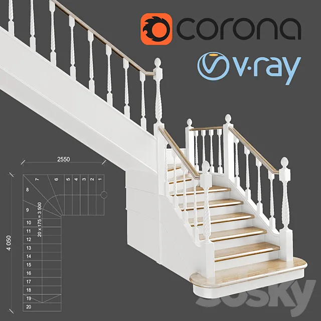 Classic angular staircase with staggered steps 3DS Max Model