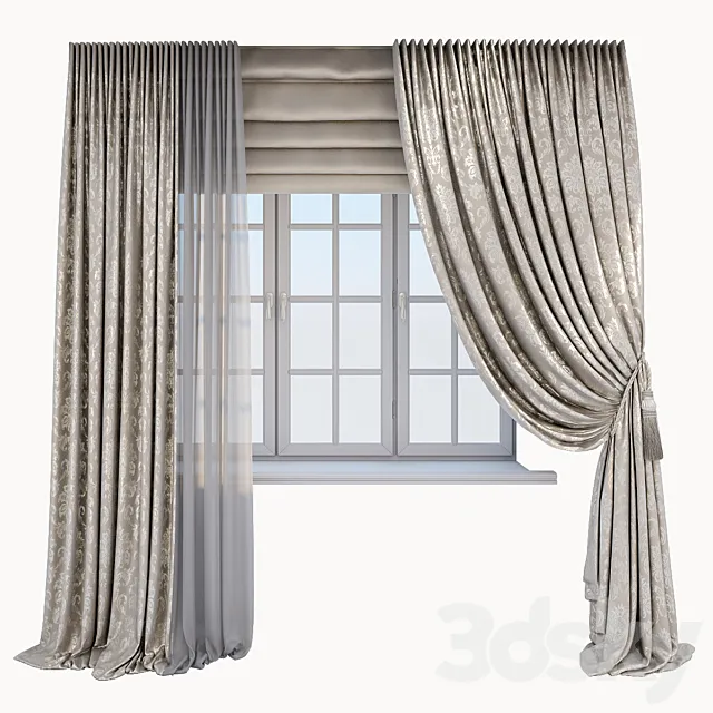 Classic beige curtains with Damascus pattern 3ds Max