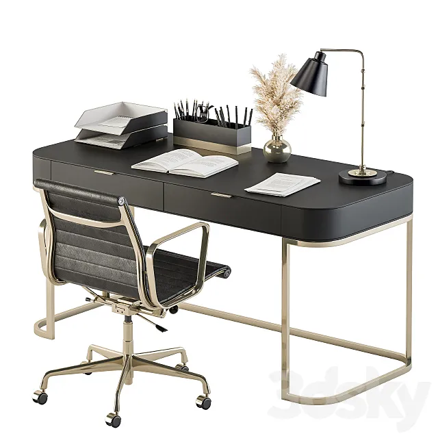 Classic Black and Gold Work Desk – Office Set 181 3ds Max