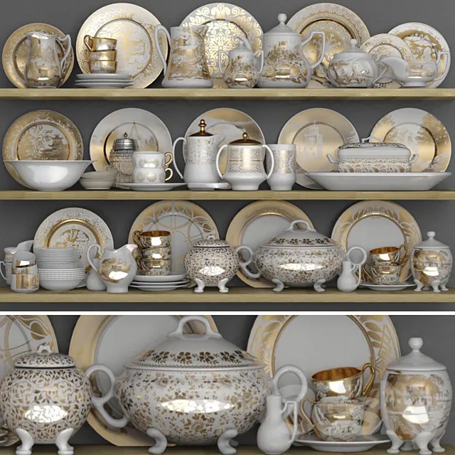 Classic crockery set with porcelain and gold leaf 3ds Max