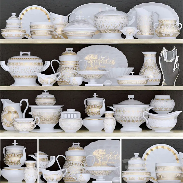 Classic dinnerware set with porcelain and gold leaf 5 3DS Max