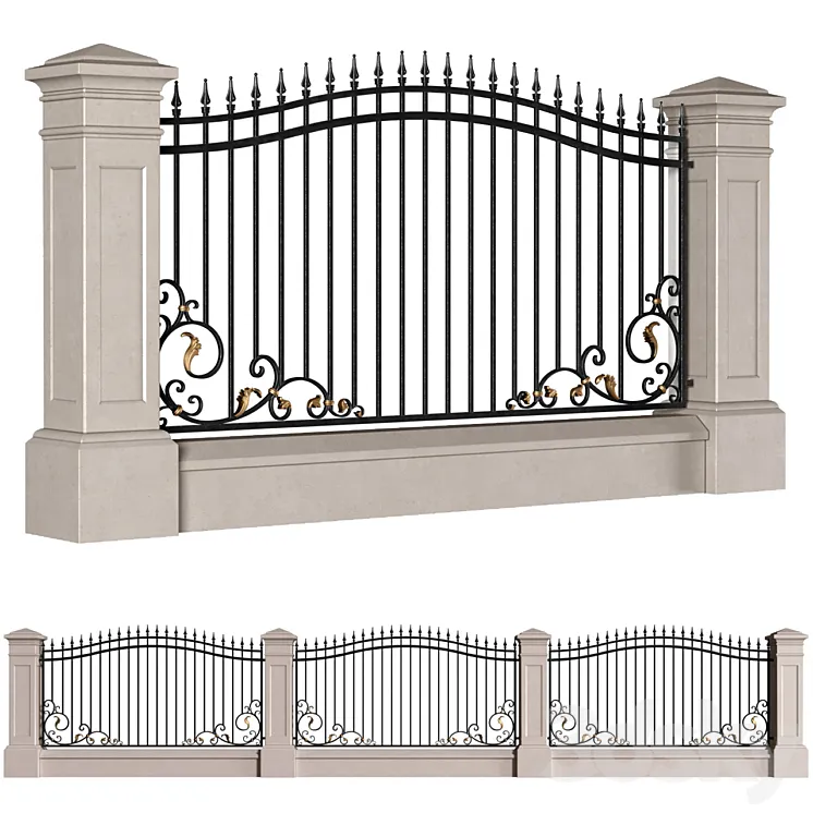 Classic style fence with wrought iron railing.Entrance Driveway Iron Gates 3DS Max
