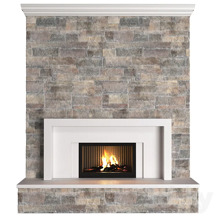 classic style Fireplace with stone wall.Stonework Fireplace modern ArtDeco 3DS Max Model