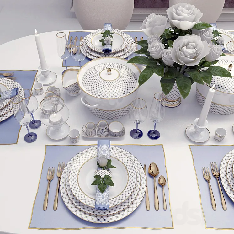 Classic table setting with roses 3DS Max