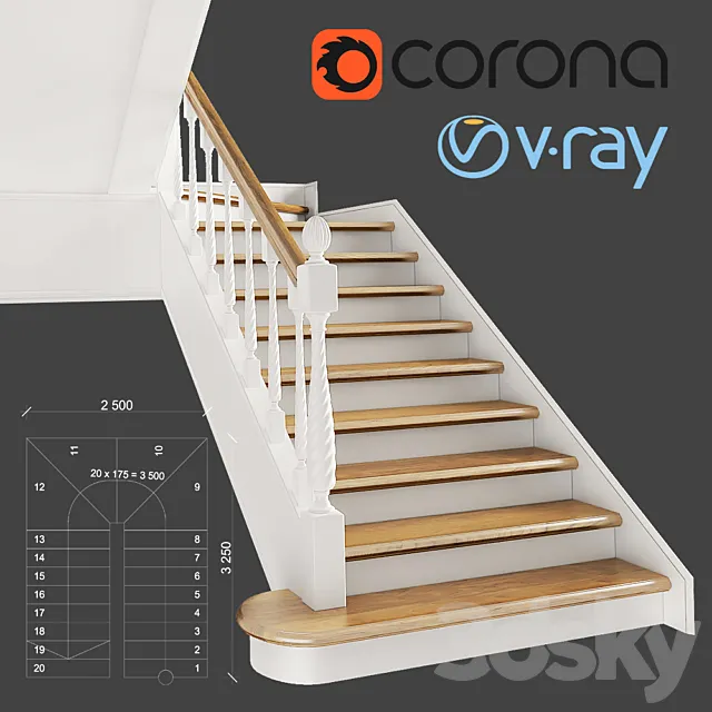 Classic two-march staircase with staggered steps 3DS Max Model