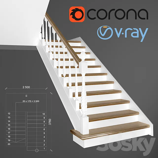 Classic two-staircase staircase 3ds Max