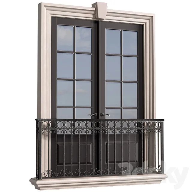 Classical front window with a French balcony.Classical Forged Fence. frame Window 3ds Max