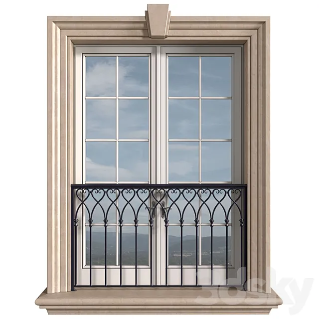 Classical front window with a French balcony.Classical Forged Fence. frame window 3ds Max