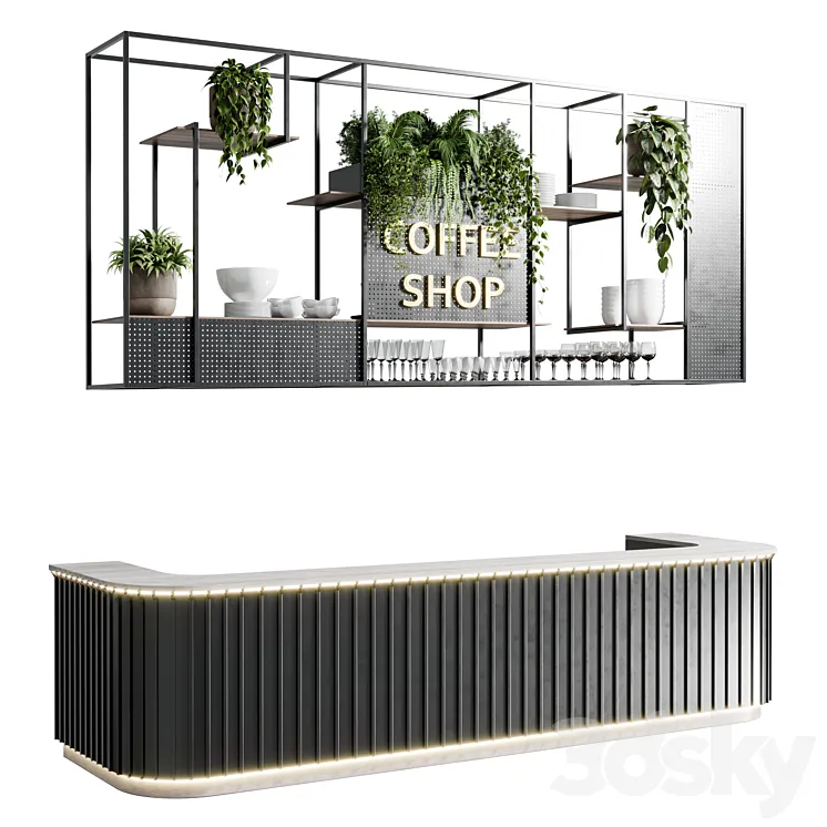 Coffee shop reception Restaurant counter by hanging plant – 02 3DS Max Model