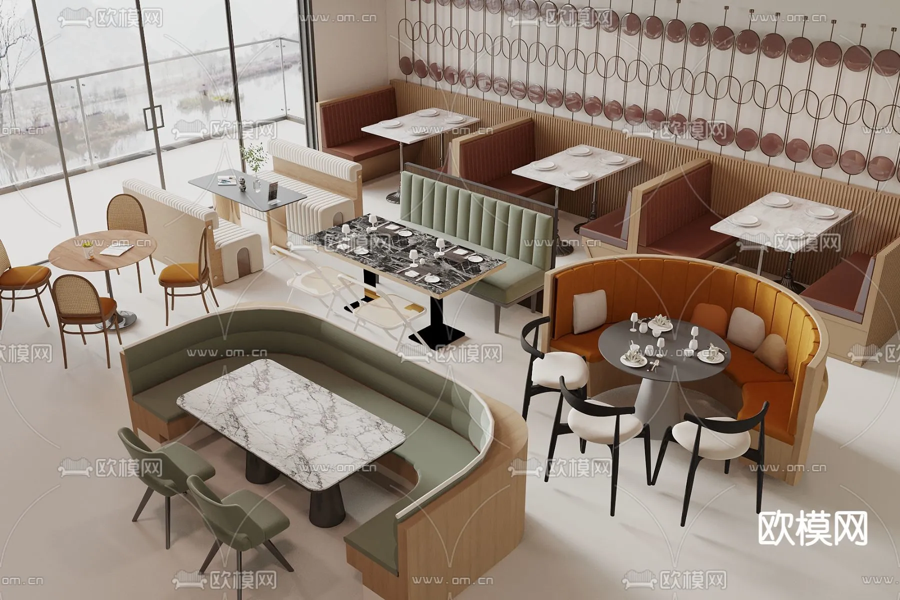 Coffee Table and Armchair Sets – 3D Models – Cafe Interior 3D Scenes – 021 – VRAY Render
