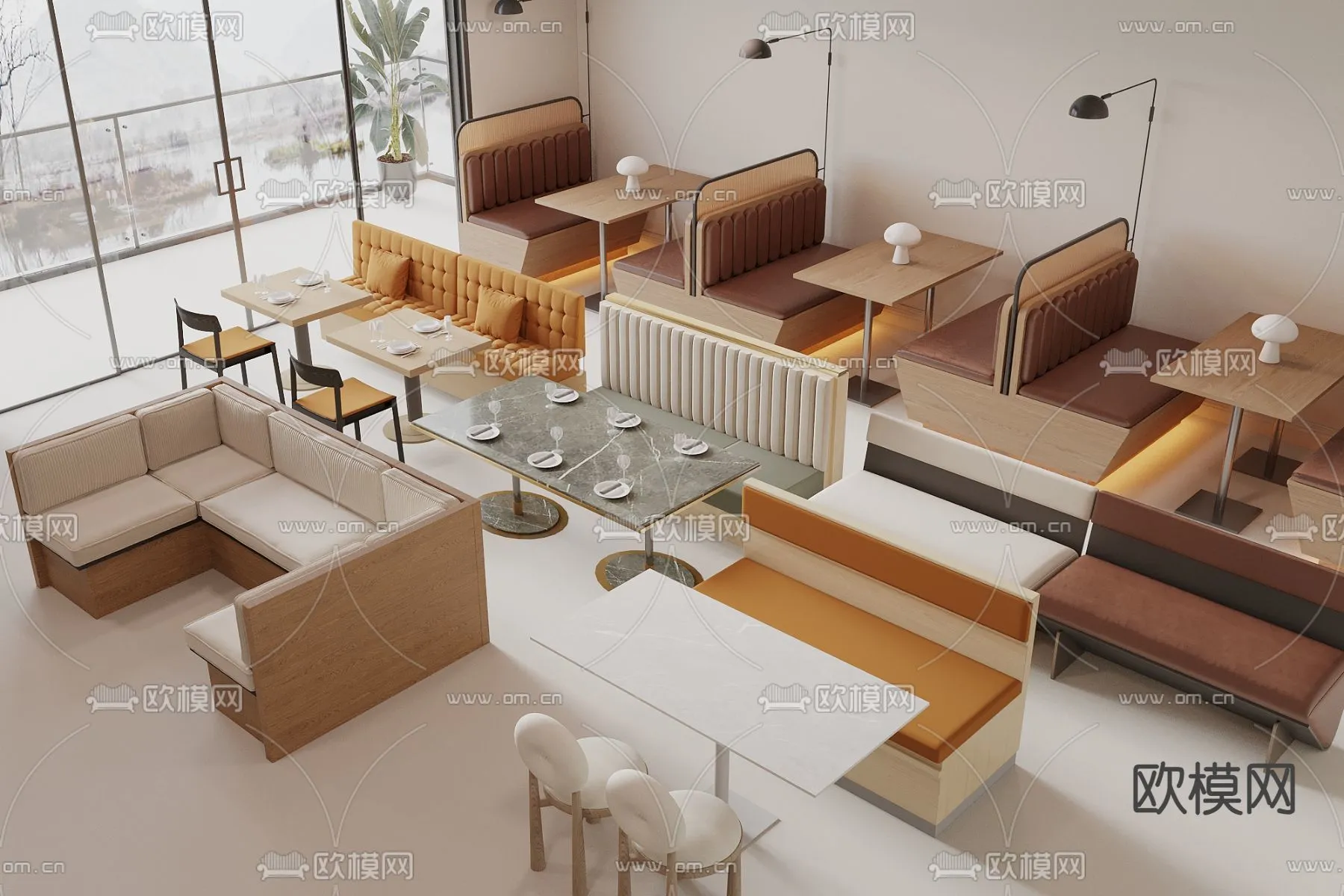 Coffee Table and Armchair Sets – 3D Models – Cafe Interior 3D Scenes – 022 – VRAY Render