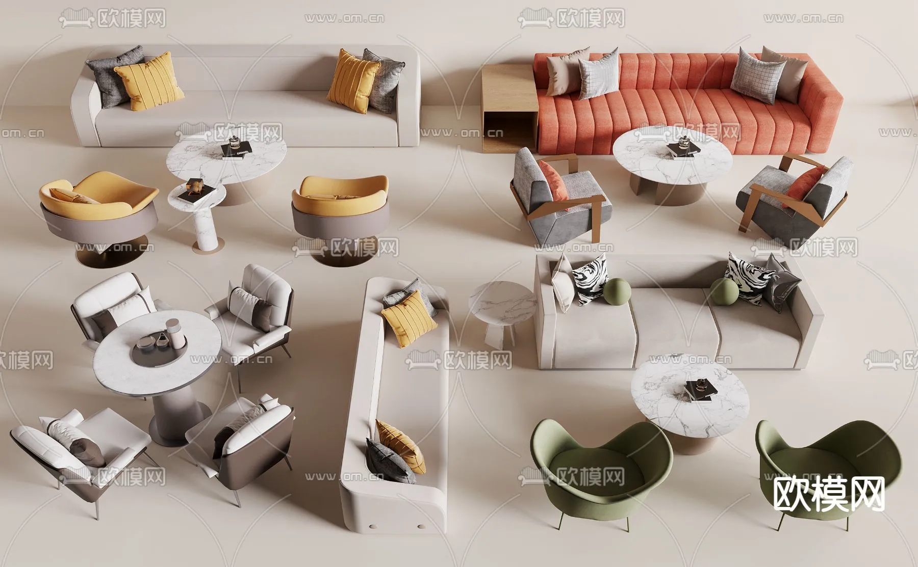 Coffee Table and Armchair Sets – 3D Models – Cafe Interior 3D Scenes – 027 – VRAY Render