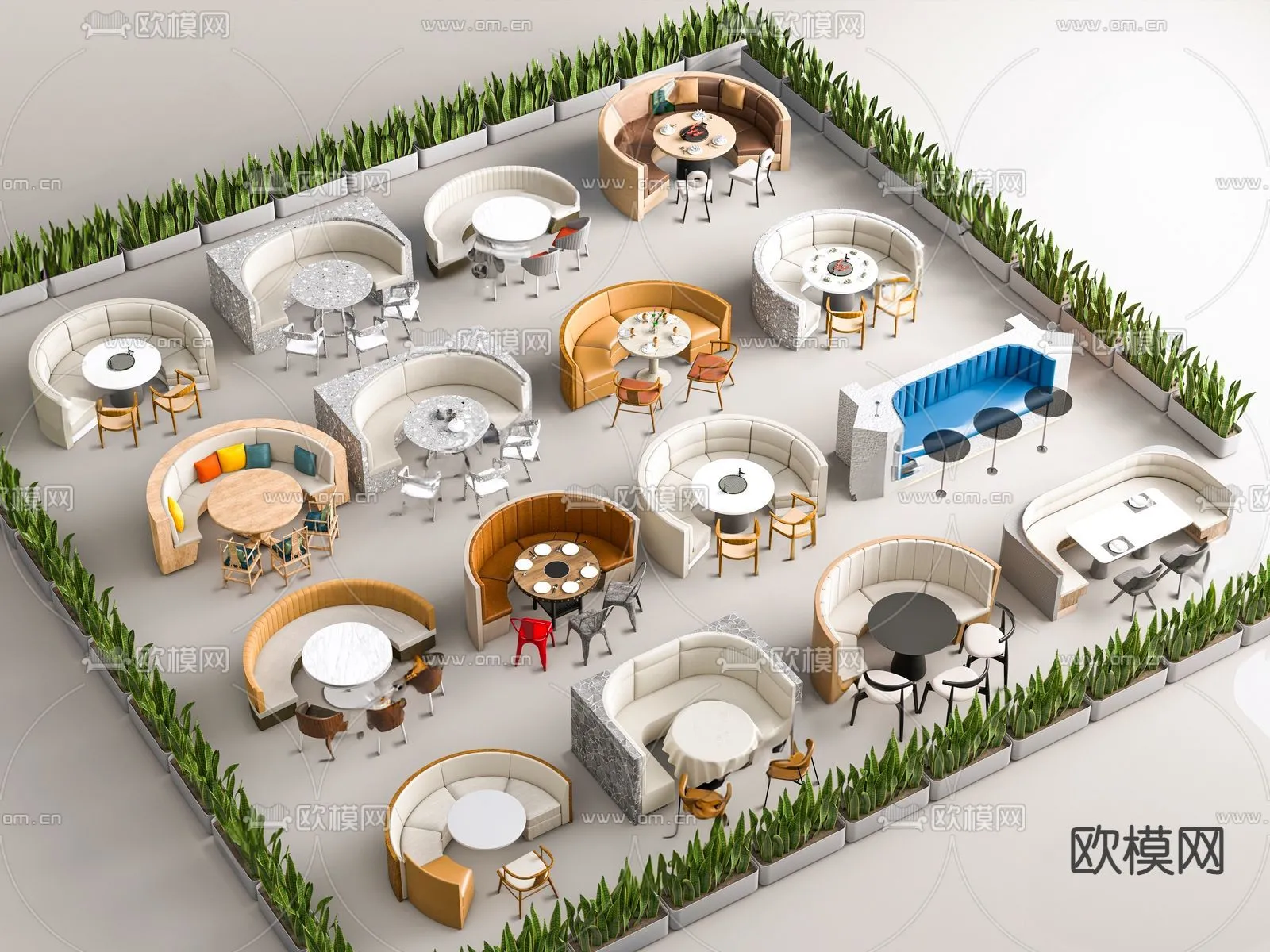 Coffee Table and Armchair Sets – 3D Models – Cafe Interior 3D Scenes – 049 – CORONA Render
