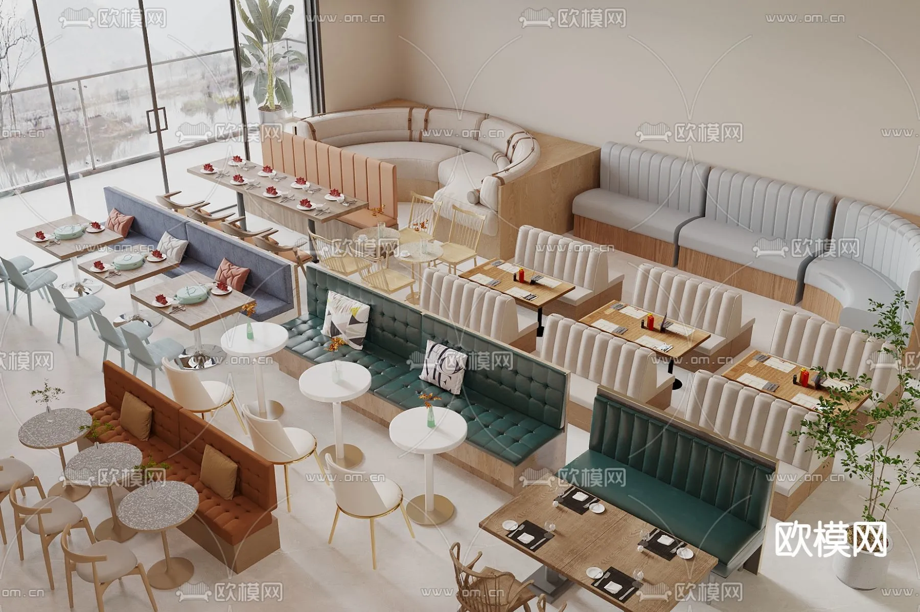 Coffee Table and Armchair Sets – 3D Models – Cafe Interior 3D Scenes – 052 – VRAY Render