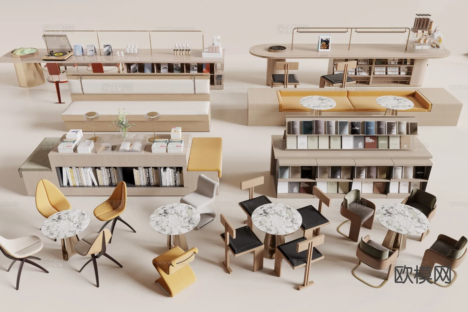 Coffee Table and Armchair Sets – 3D Models – Cafe Interior 3D Scenes – 055 – CORONA Render