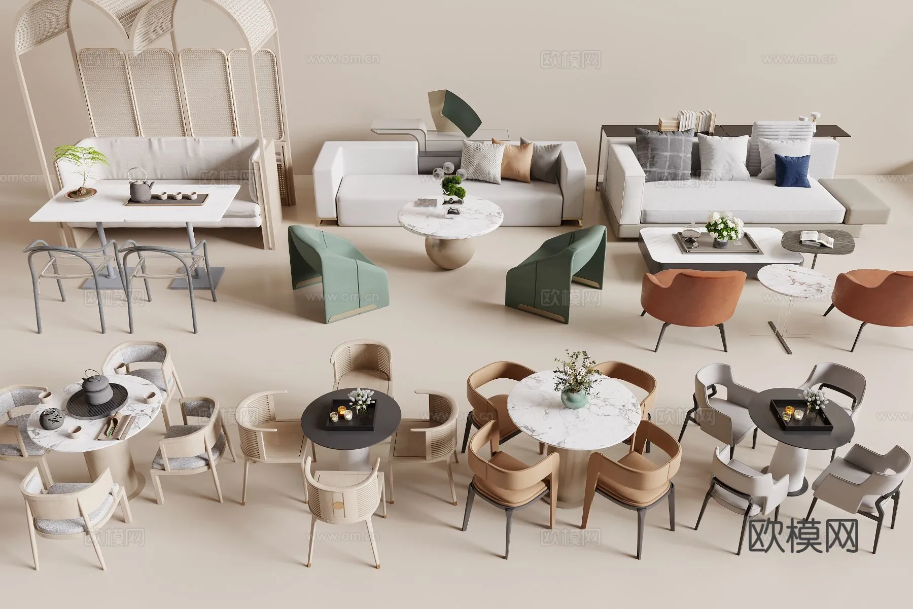 Coffee Table and Armchair Sets – 3D Models – Cafe Interior 3D Scenes – 066 – VRAY Render