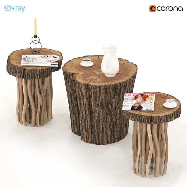 Coffee tables made of stump and slab on wooden legs. 3ds Max