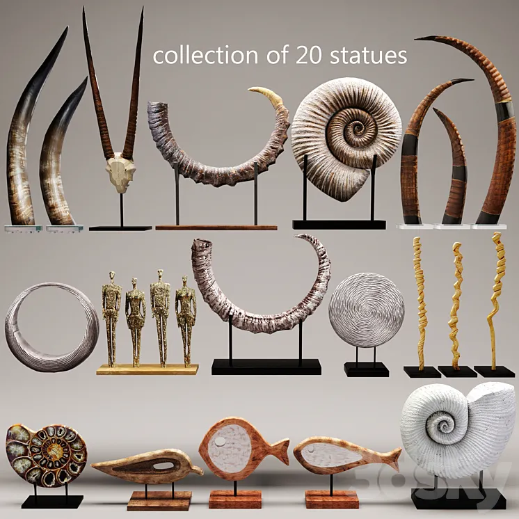 collection of 20 statues figurine wooden eco design set collection decor mega set ammonite shell fossil figurine decor tusk horn 3DS Max