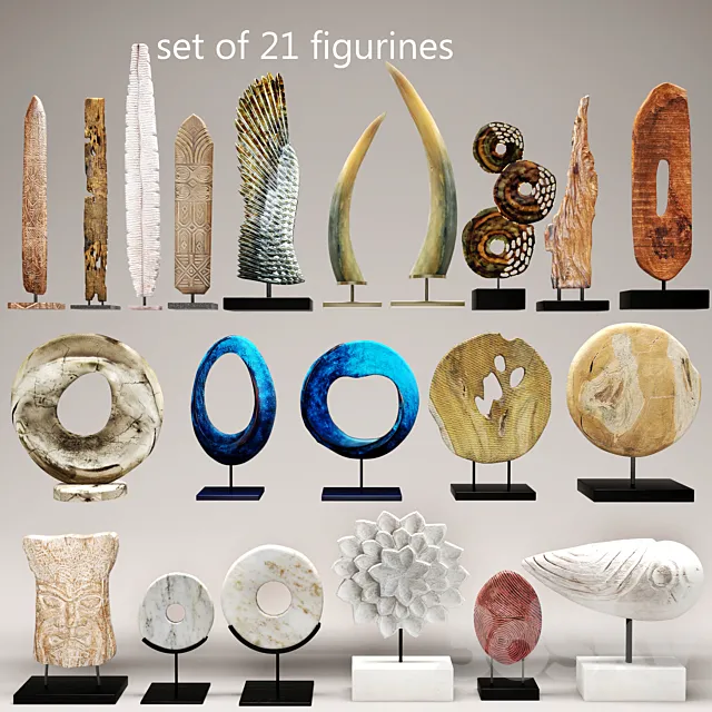 collection of 21 statues. figurine. wooden. eco design. set. collection. decor. tusk. wing. mega set 3DSMax File