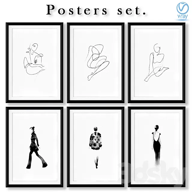 Collection of black and white abstract posters about fashion. 3ds Max