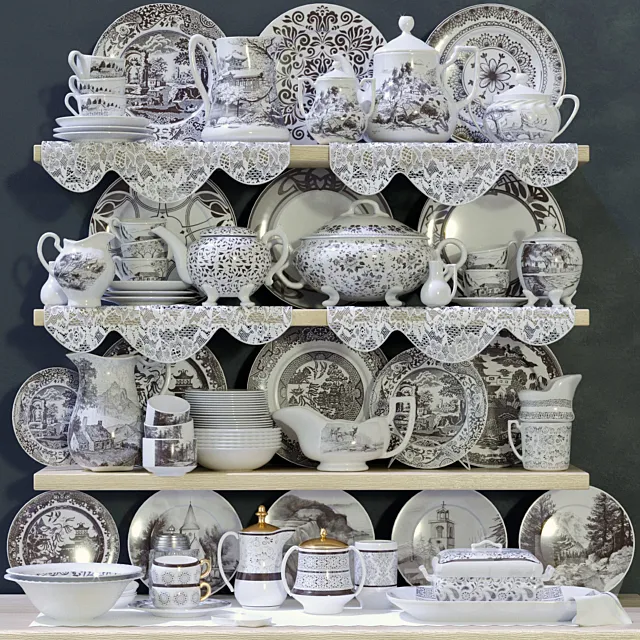 Collection of classic patterned porcelain tableware 3ds Max